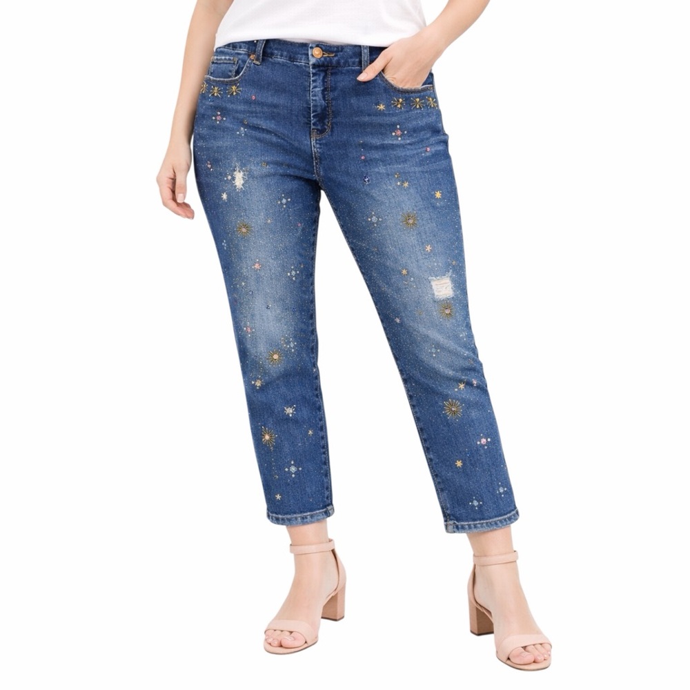 Chico’s 2.5 Women’s 14 So Slimming Girlfriend Ankle Embellished Beaded Jeans